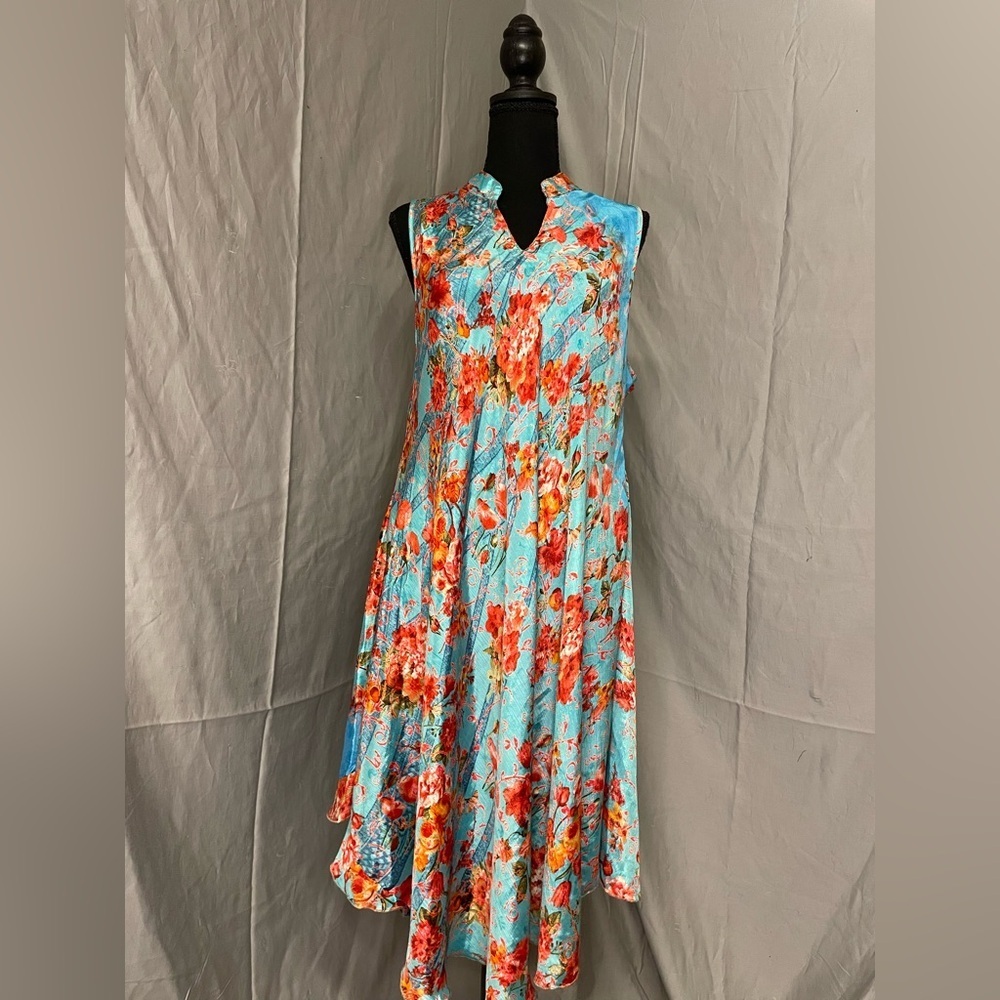 Pineapple Sleeveless Floral Maxi Dress in Aqua with Coral Blooms Silk Blend